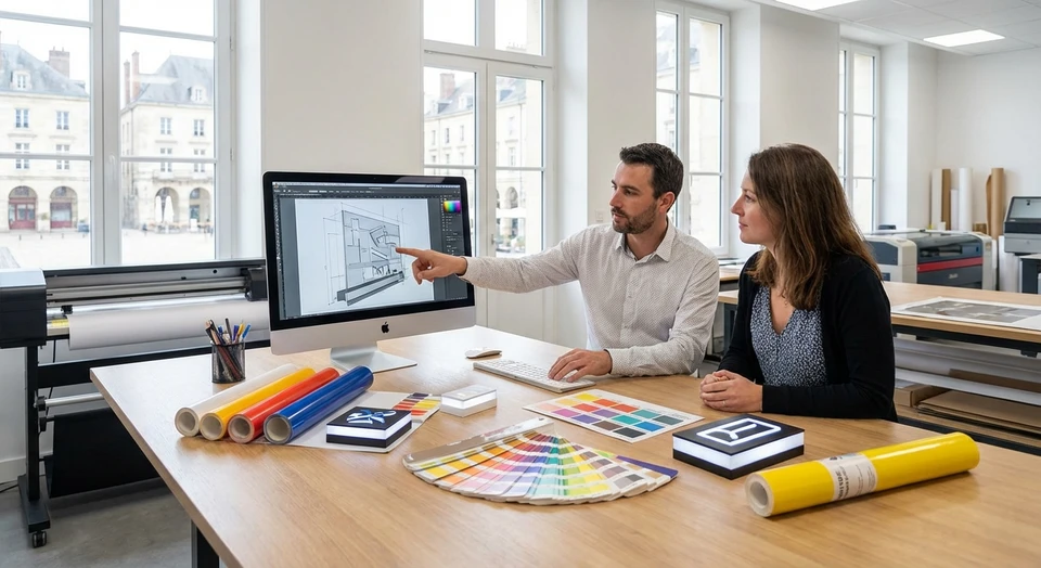Photographie d'un designer ou responsable de projet dans l'atelier de JPB Communication, assis à son poste de travail entouré d'éléments visuels de son métier (nuanciers de couleurs, échantillons de matériaux adhésifs, visuel d'enseignes ou projets de signalétique), en train de discuter ou de travailler avec un client ou collègue en personne, illustrant l'interaction directe et le suivi personnalisé d'un seul interlocuteur responsable du projet de bout en bout.