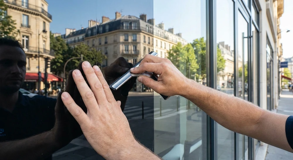 Technicien en combinaison verte installant ou entretenant des panneaux solaires photovoltaïques sur toiture, portant gants de protection, utilisant outil de serrage sur système de fixation