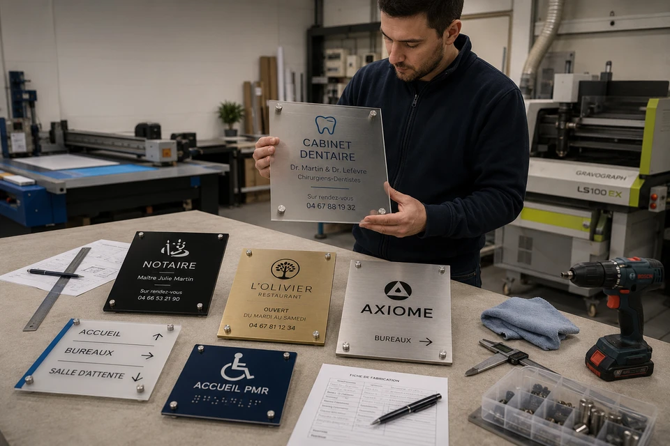 Plaque professionnelle en matériau valorisant (laiton brossé, bois premium ou composite haut de gamme) fixée à l'entrée d'un espace professionnel. La plaque affiche un nom, titre professionnel et informations de contact avec une typographie élégante et un marquage précis. L'environnement immédiat montre une porte d'entrée ou un mur épuré, créant une atmosphère professionnelle et accueillante. Photographie en lumière naturelle mettant en avant la qualité des finitions et l'élégance du support.