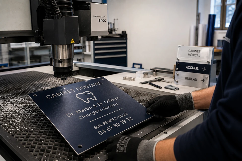 Intérieur d'atelier d'impression professionnelle avec imprimante grand format en fonctionnement