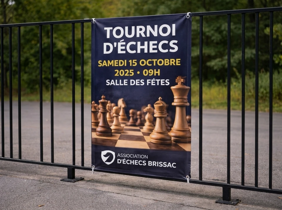 Vue d'ensemble d'un atelier de production moderne montrant une banderole de grand format en cours d'installation ou exposée, avec en arrière-plan des équipements d'imprimerie professionnelle (imprimante grand format, découpeuse). La banderole doit être bien visible, colorée et prête à l'emploi, illustrant clairement les supports grand format mentionnés dans le contenu. La scène doit transmettre le professionnalisme, la qualité de production et la fabrication locale en atelier.