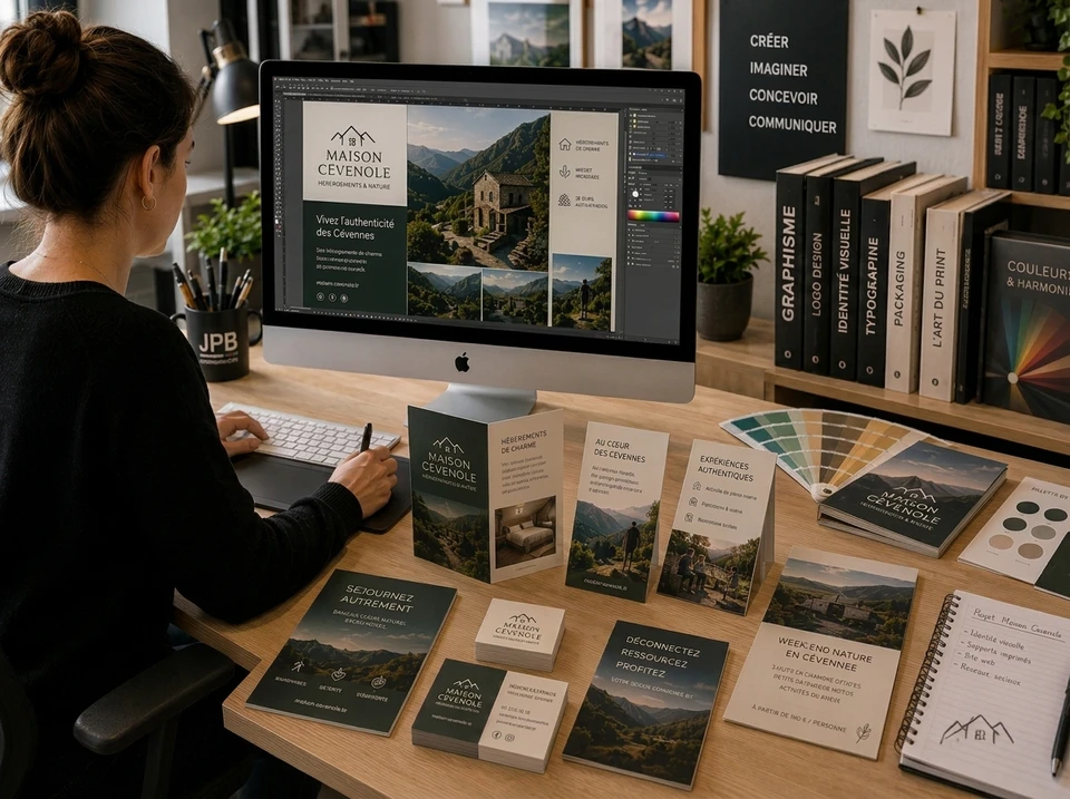 Photographie professionnelle montrant un ensemble cohérent d'éléments de communication visuelle d'une entreprise : cartes de visite, en-têtes de lettres, enveloppes, brochures et affiches présentant une identité graphique unifiée avec logo, typographie et palette de couleurs harmonieuse. Les documents sont disposés de manière élégante et organisée sur une surface neutre, mettant en évidence la cohérence et la qualité du branding professionnel. Éclairage naturel, composition dynamique et perspective légèrement en plongée.