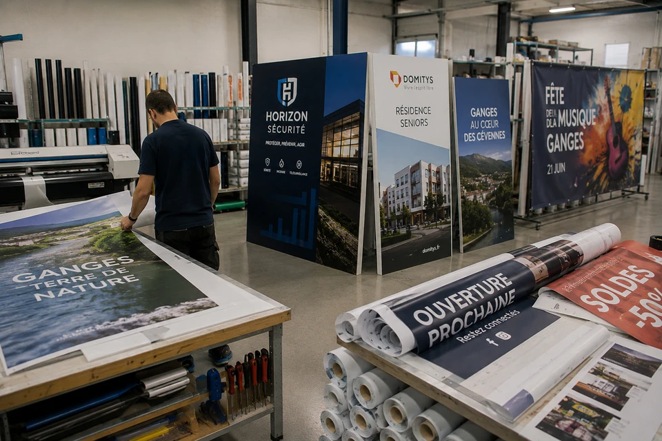 Intérieur d'atelier d'impression numérique avec imprimante grand format en fonctionnement