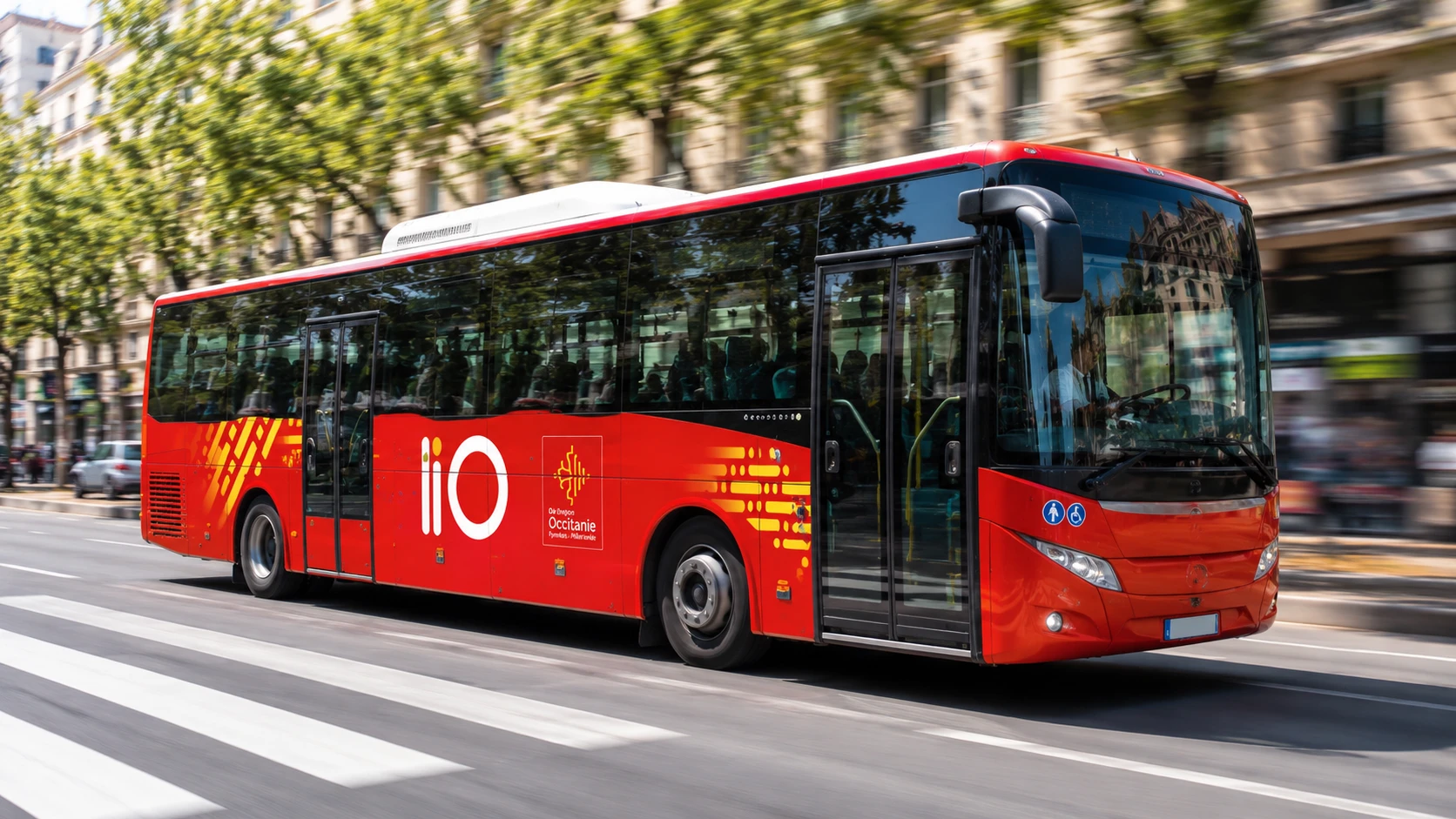 Autobus urbain blanc et orange en mouvement sur une route urbaine avec bâtiments en arrière-plan flous