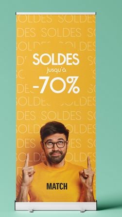 Rollup et PLV pour supports de communication SOLDES en magasin Occitanie